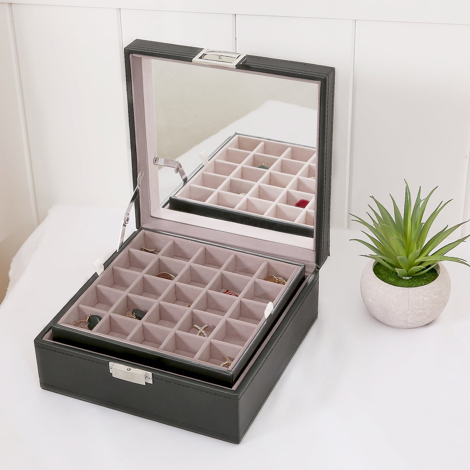 50 Slot Jewelry Box Earring Organizer With Large Mirror, ,Necklaces, Earrings, Bracelets, Etc.Black