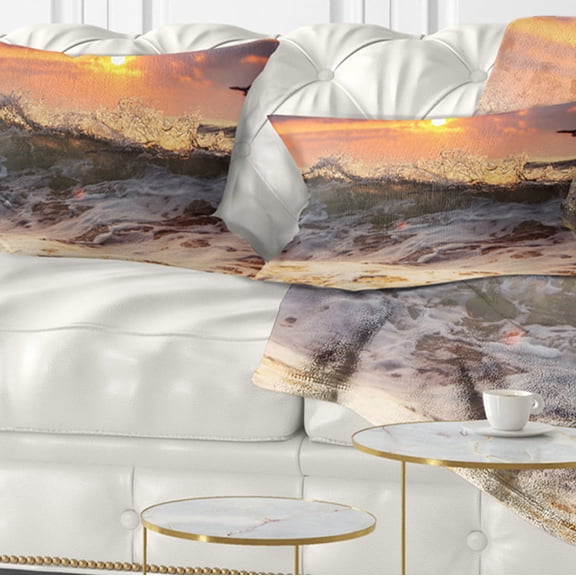 Designart Sunrise and Roaring Ocean Waves - Seascape Throw Pillow - 12x20