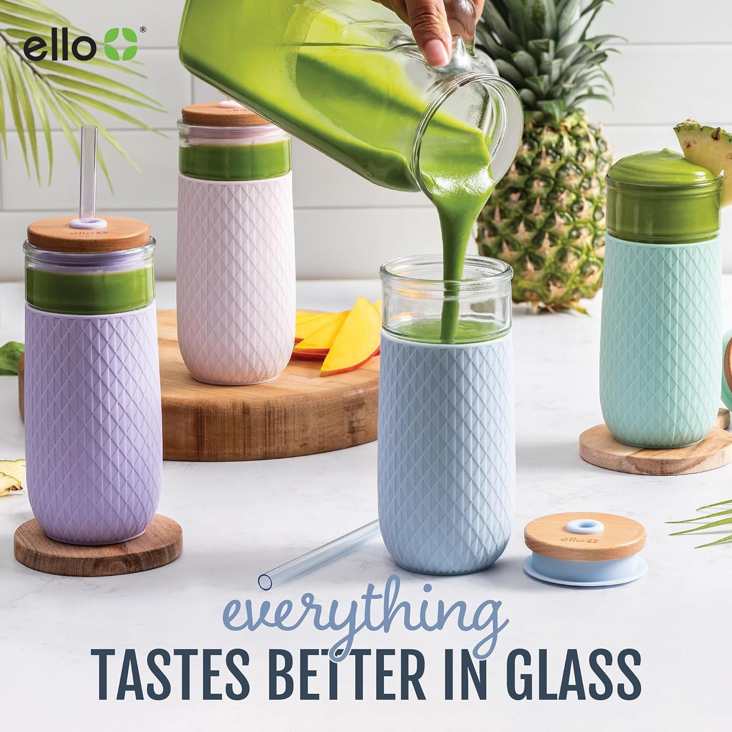  Ello Tidal 20oz Glass Tumbler with Straw, Reusable