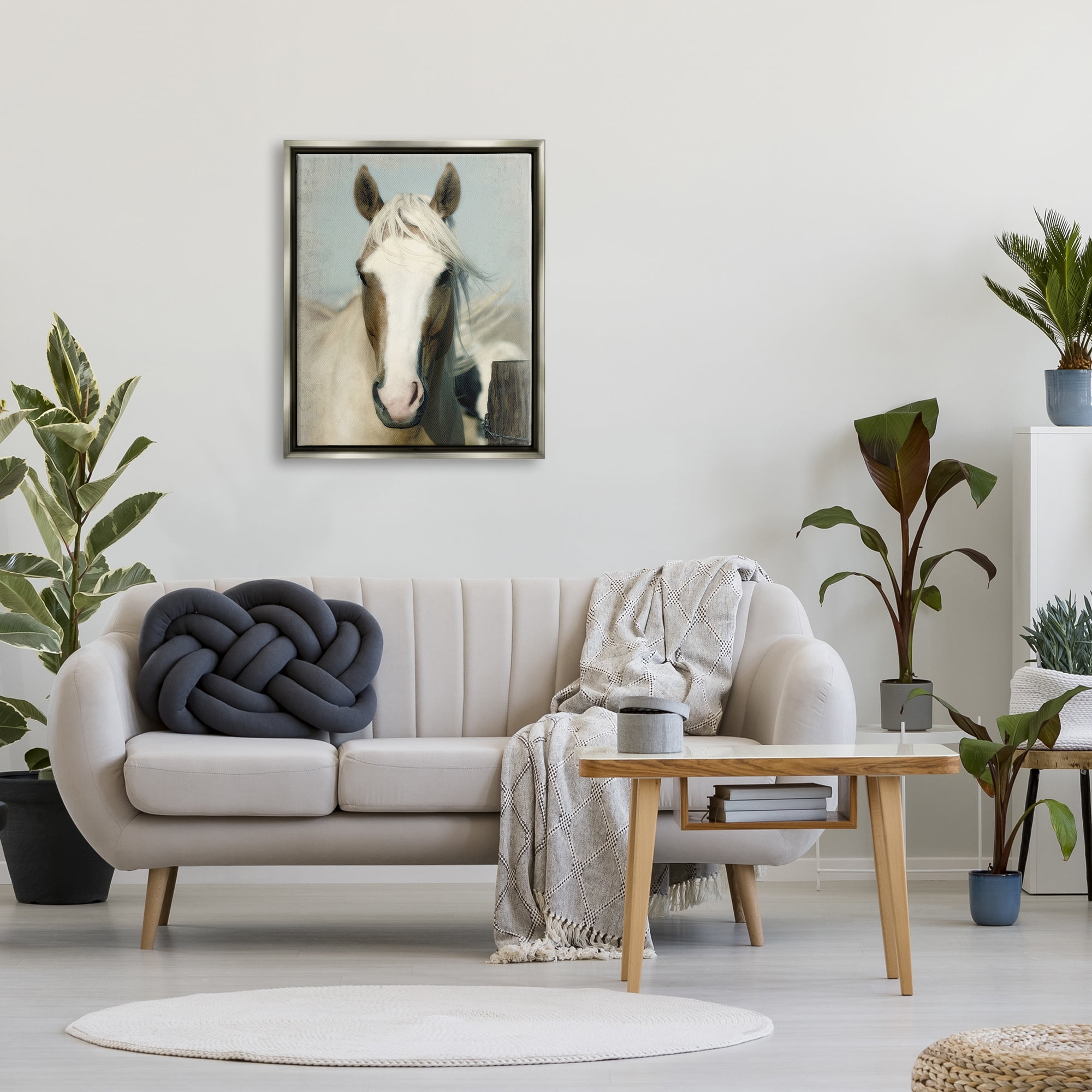 Stupell Industries Horse at Rustic Fence Animals & Insects Painting Gray Floater Framed Canvas Art Print Wall Art, 25 x 31