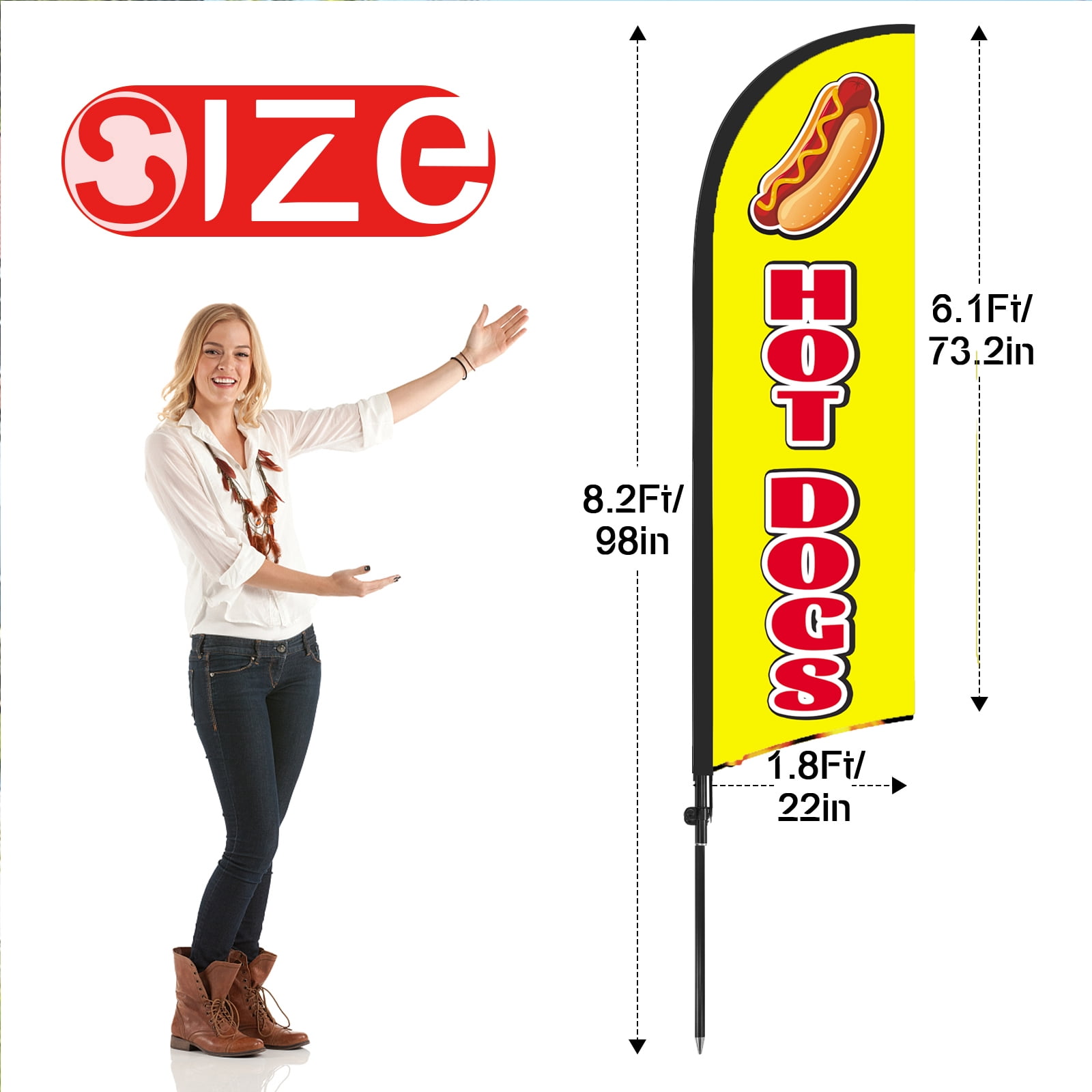 QSUM Hot Dog Sign Feather Flag with Pole Kit,8.2FT Hot Dog Decoration Display, Hot Dog Business Sign,Hot Dog Swooper Flag，Advertising Flag