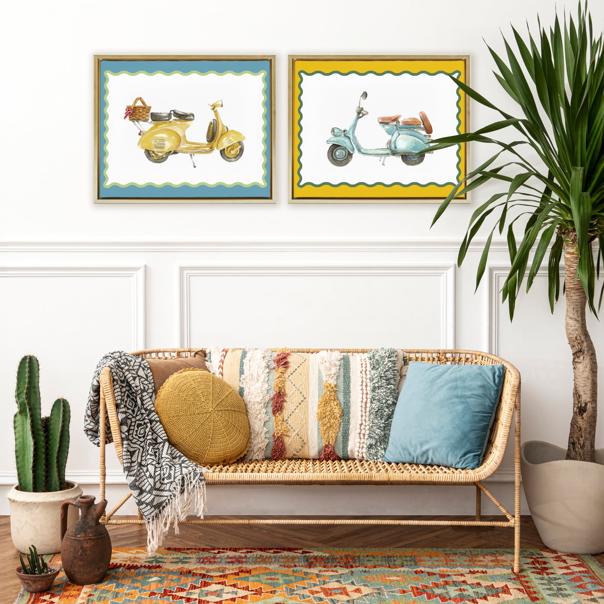 Stupell Industries Wavy Bordered Scooters 2 Piece Gold Framed Floater Canvas Set, design by Lanie Loreth