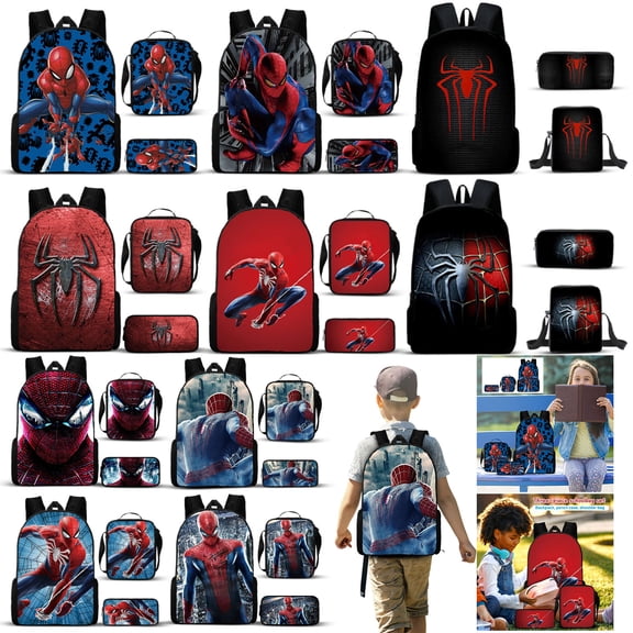 3Pcs Fashionable Superhero Style Backpack Kit for Teens with Spider Lunch Tote and Pencil Holder Large Capacity Lightweight Schoolbag for Travel and Classroom Use