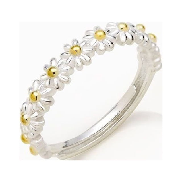 Jinsinto Flower Ring 925 Sterling Silver Rings Stacking Rings for Women Casual Rings (adjustable). This dainty ring features a unique daisy flower design with silver petals and gold-tone centers, symbolizing faith, loyalty, and positivity. Made from high-quality copper with environmentally silver plating, it offers long-lasting color retention and is anti-allergic. The adjustable band ensures a comfortable fit, making it ideal for women and girls seeking a stylish and meaningful accessory.