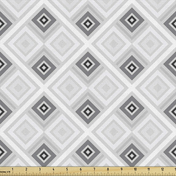 Ambesonne Edgy Fabric by the Yard Upholstery, Retro Style Rhombus Stripes, 1 Yard, Pale Grey White Grey