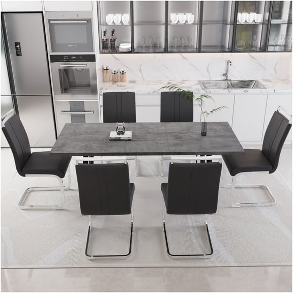 Grey Expandable Dining Table Set for 6 with PU Chairs, Modern Kitchen Table and Chair Set with Metal Legs