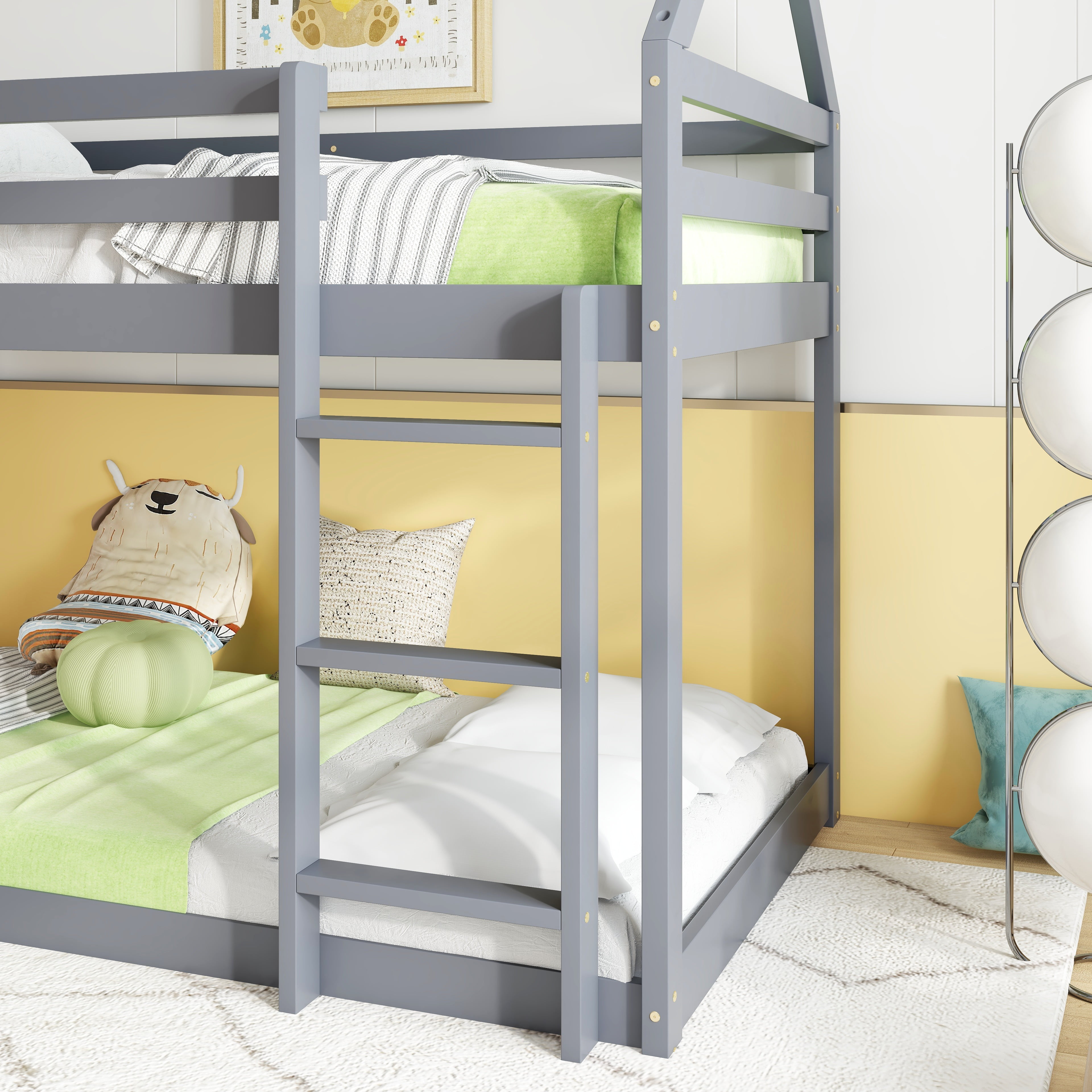 Sailvan Twin over Twin Rubber Wood Floor Bunk Bed, with ladder,Guardrails,House-Shaped-Bunk Bed