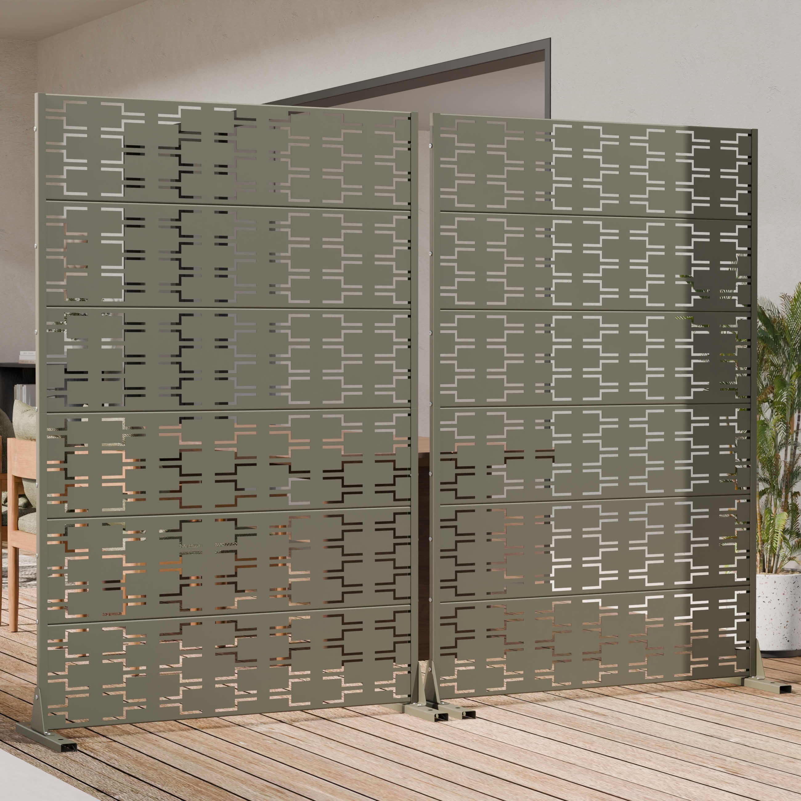MAYEERTY Outdoor Metal Privacy Screen 6ft × 4ft Olive Gray, 6-Panel Brick Pattern Decorative Screen for Garden
