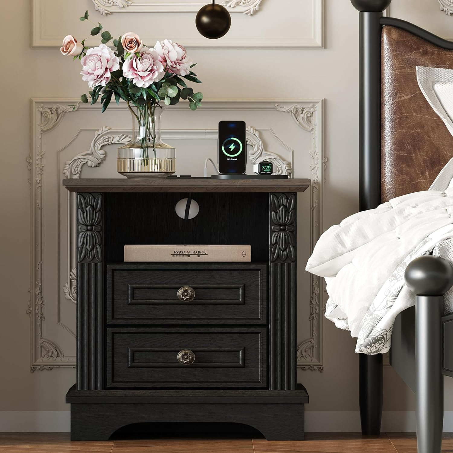BOSHIRO Farmhouse Nightstand with Charging Station, Black & Brown Bedside End Table with Carved Pilasters, 2 Drawers and Open Shelf for Bedroom