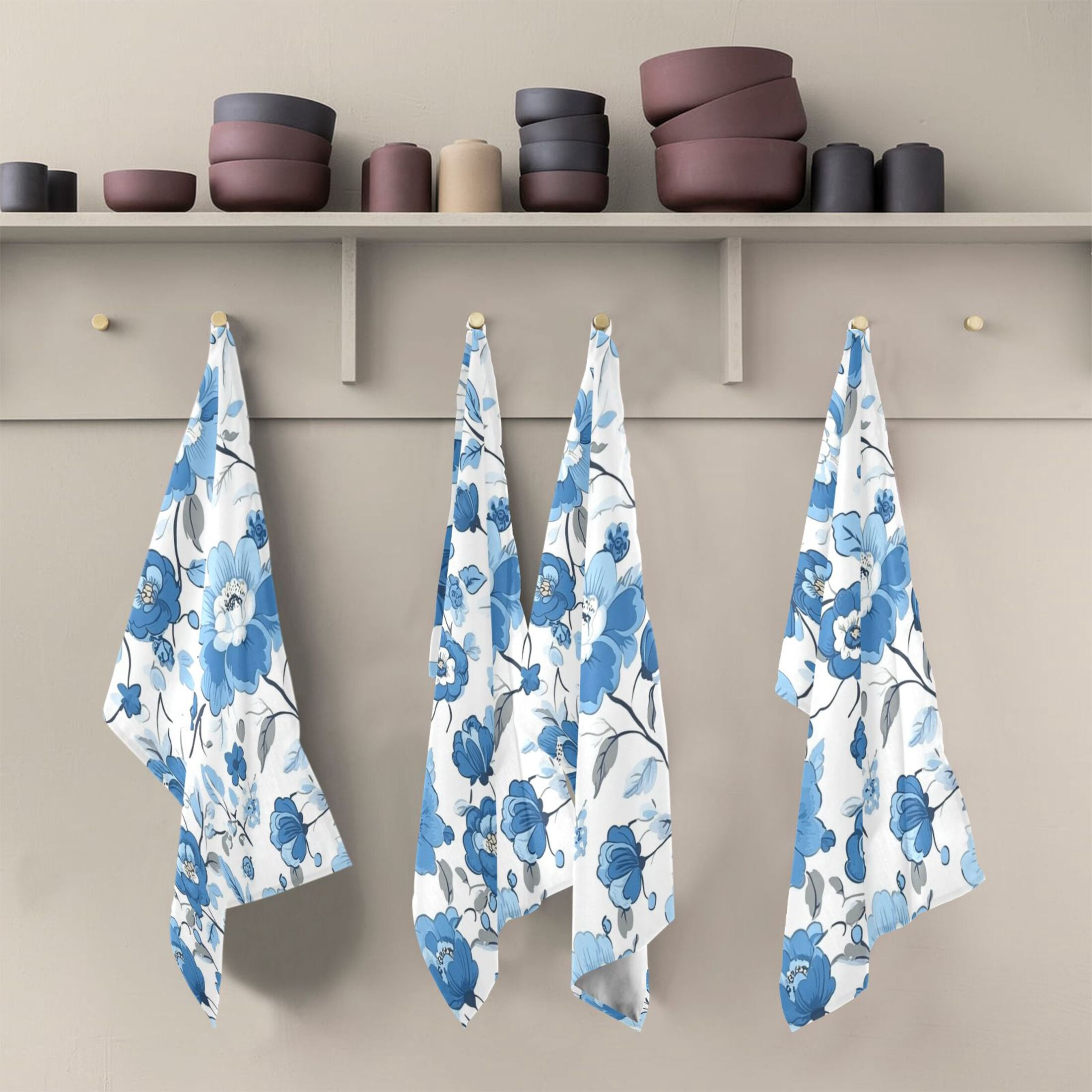 Blue Floral Pattern Kitchen Towels 6-Piece Pack Tea Towels for Kitchen Decorative Waffle Design 28x18in