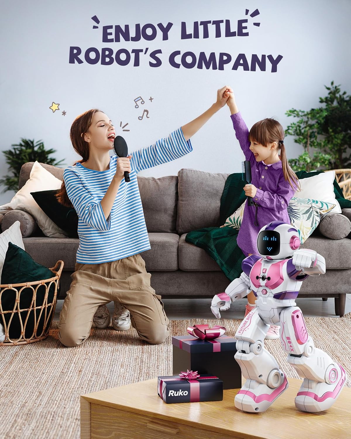 Ruko 6088 Programmable Robot with Gesture, Remote & APP Control, Rechargeable Robots Toys for Boys and Girls, Interactive LED Faces, Q&A Games, Gift for Kids 3–6, Pink