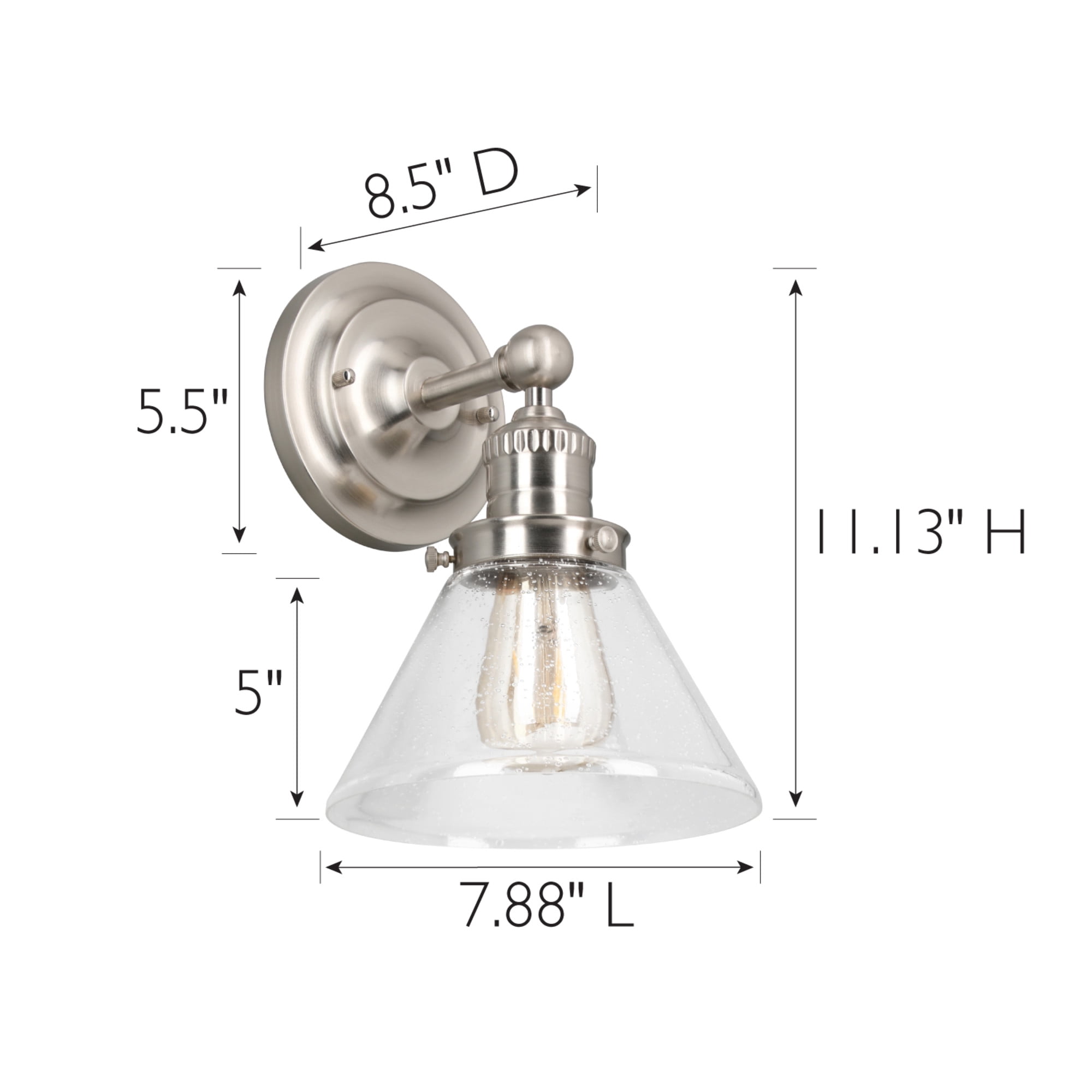 Corwin Wall Sconce, 1-Light Satin Nickel Fixture with Seeded Glass, Dimmable, Dual Mount, 7.9 in L x 8.5 in D x 11.1 in H