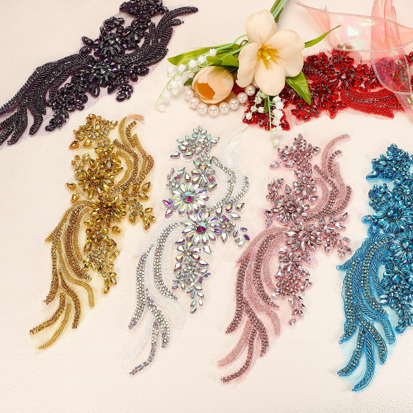 Uxcell 1 Pair Handmade Rhinestone Applique Patch, 14" x 5" Beaded Embroidery Sequin Patches for Sew on Wedding Dress Cloth DIY Crafts Decoration, Gold