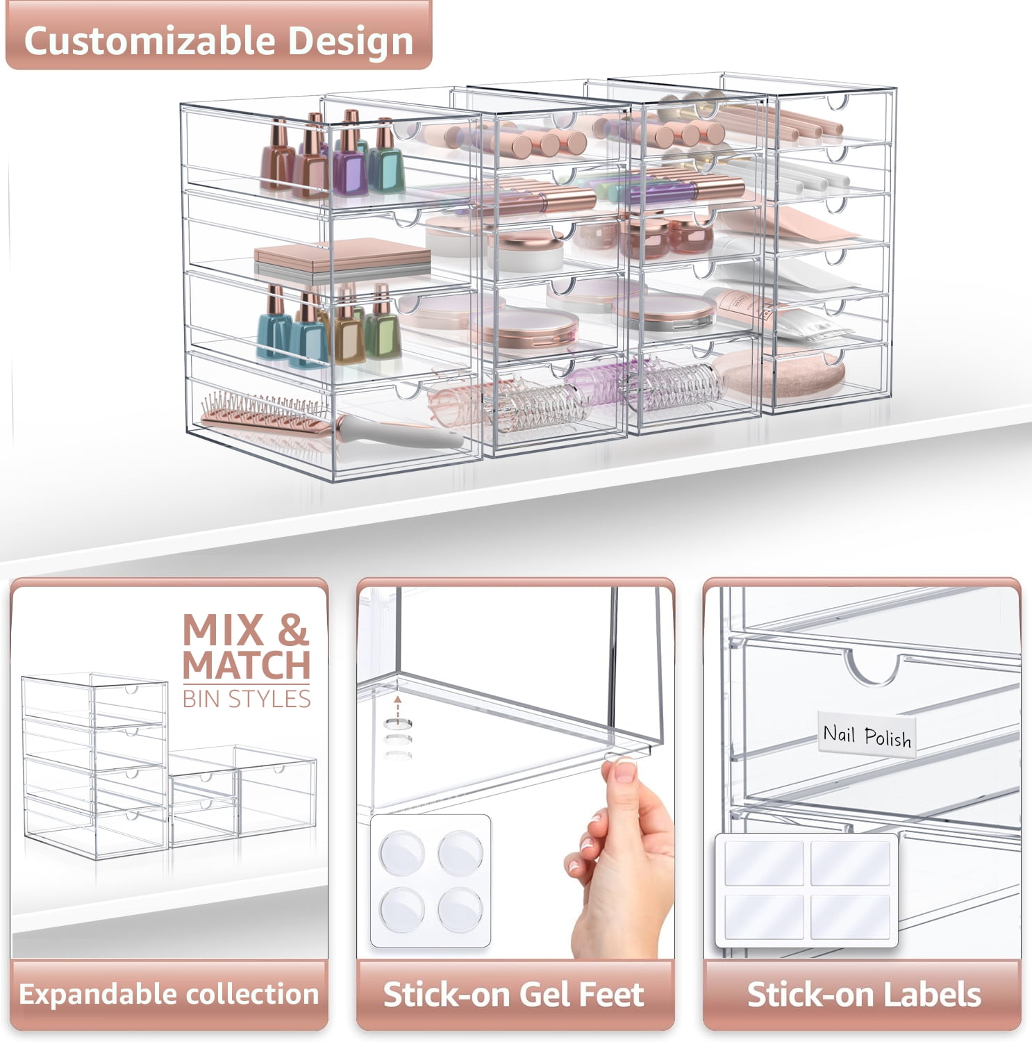 Sorbus 4-Piece Acrylic Makeup Organizer, 20 Drawer Stackable Storage Bins, Clear
