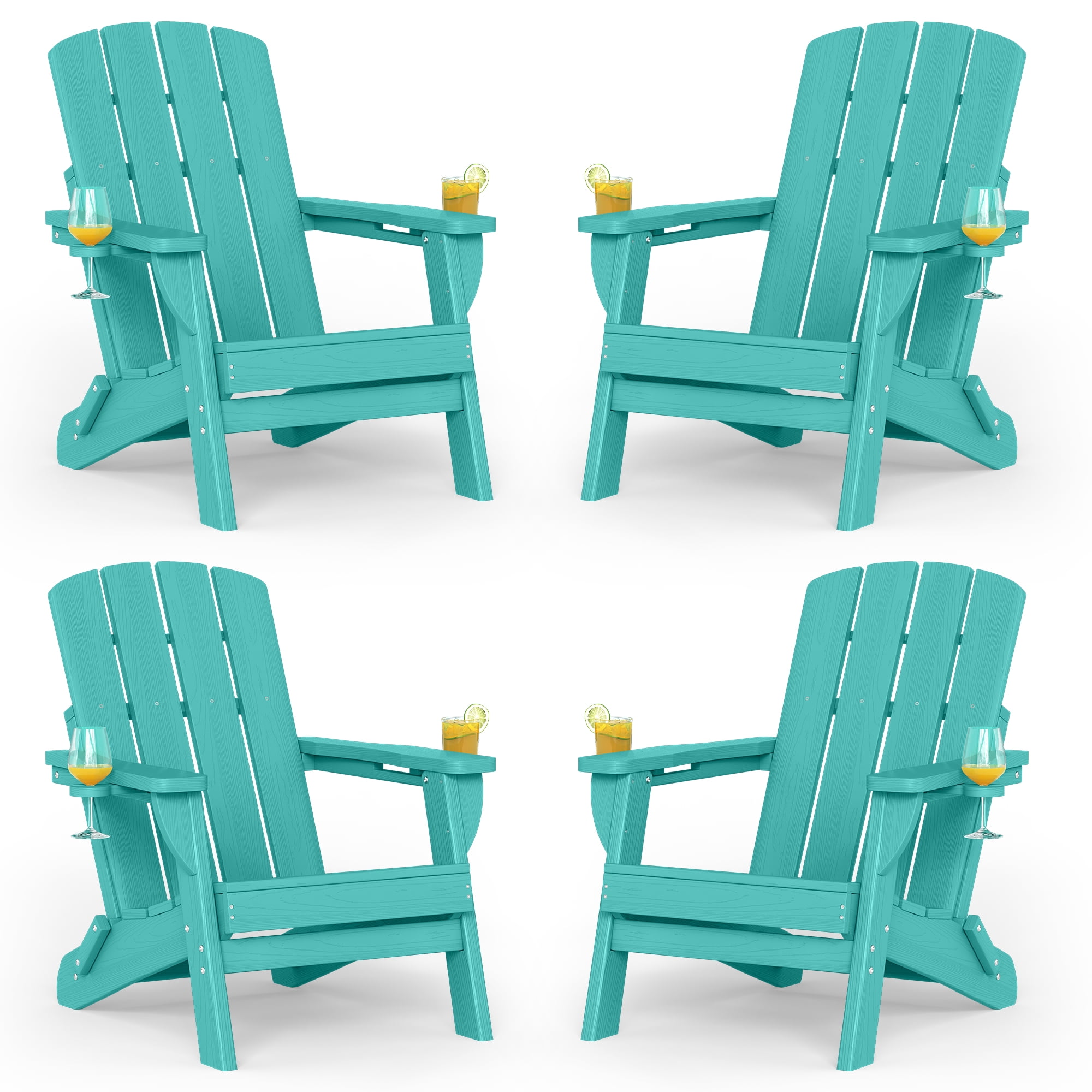 Adirondack Chair Set of 4, Outdoor Folding All-Weather HDPE Adirondack Chairs with 2 Cup Holders for Patio, Aqua