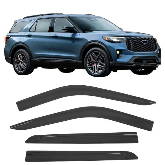 Ikon Motorsports Tape-On Window Visors Vent Rain Sun Guards Deflectors For 2020-2025 Ford Explorer, Low Profile Style Acrylic Smoke/Tinted 4PCS