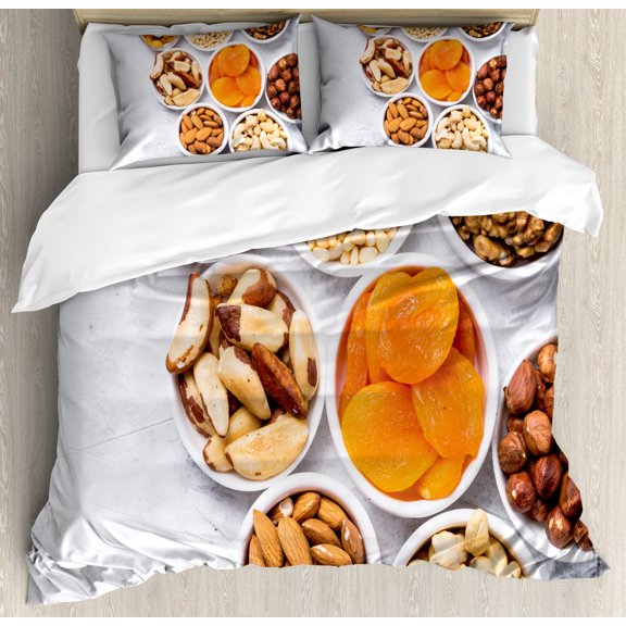 Apricot Duvet Cover Set Queen Size, Healthy Food Themed Organic Assortments Nuts and Dried Fruits on Stone Table Print, Decorative 3 Piece Bedding Set with 2 Pillow Shams, Multicolor, by Ambesonne