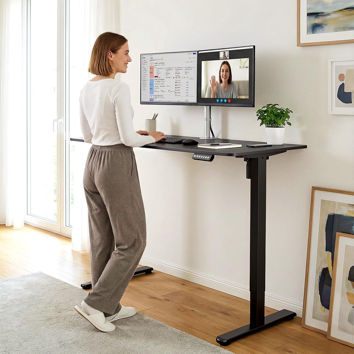 55 x 24 Inch Electric Standing Desk with Spliced Desktop, Height Adjustable Sit Stand Workstation for Home Office, Black