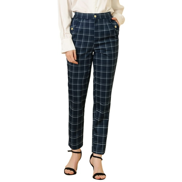 Pantalones de tartán de mujer Inspire Chic, elásticos, de cintura alta, rectos y largos, talla XL, azul oscuro