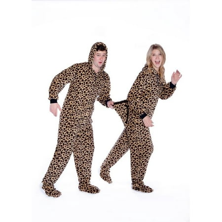 Leopard Print Onesie Hoodie Plush Footed Pajamas w/ Drop Seat Adult Onesie