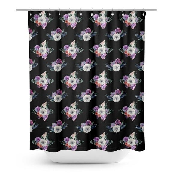 S4Sassy Black Leaves & Anemone Floral Waterproof Bathroom Shower Curtain With Roller Rings Hook-60 x 75 Inch