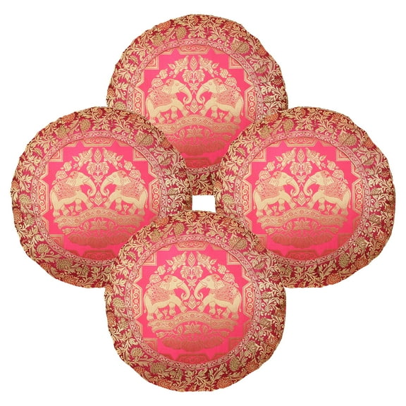 Stylo Culture Ethnic Brocade Home Decor Throw Pillow Sham Covers Pink 17x17 Traditional Jacquard Weave Pleated Border Sofa Cushion Covers 43 x 43 cm Satin Elephant Round Pillow Cases | Set Of 4