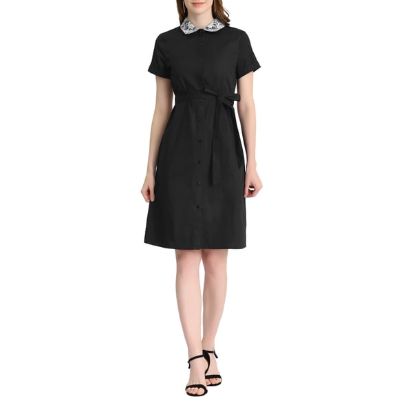 Allegra K Vestido de Camisa de Jean con Cuello Pan y Botones para Mujer, Cinturón, Manga Corta, Negro M
