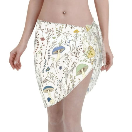 Coaee Colorful Mushrooms and Plants Women s Short Sarongs Beach Wrap Sheer Bikini Wraps Chiffon Cover Ups for Beach  Swimming  Holiday