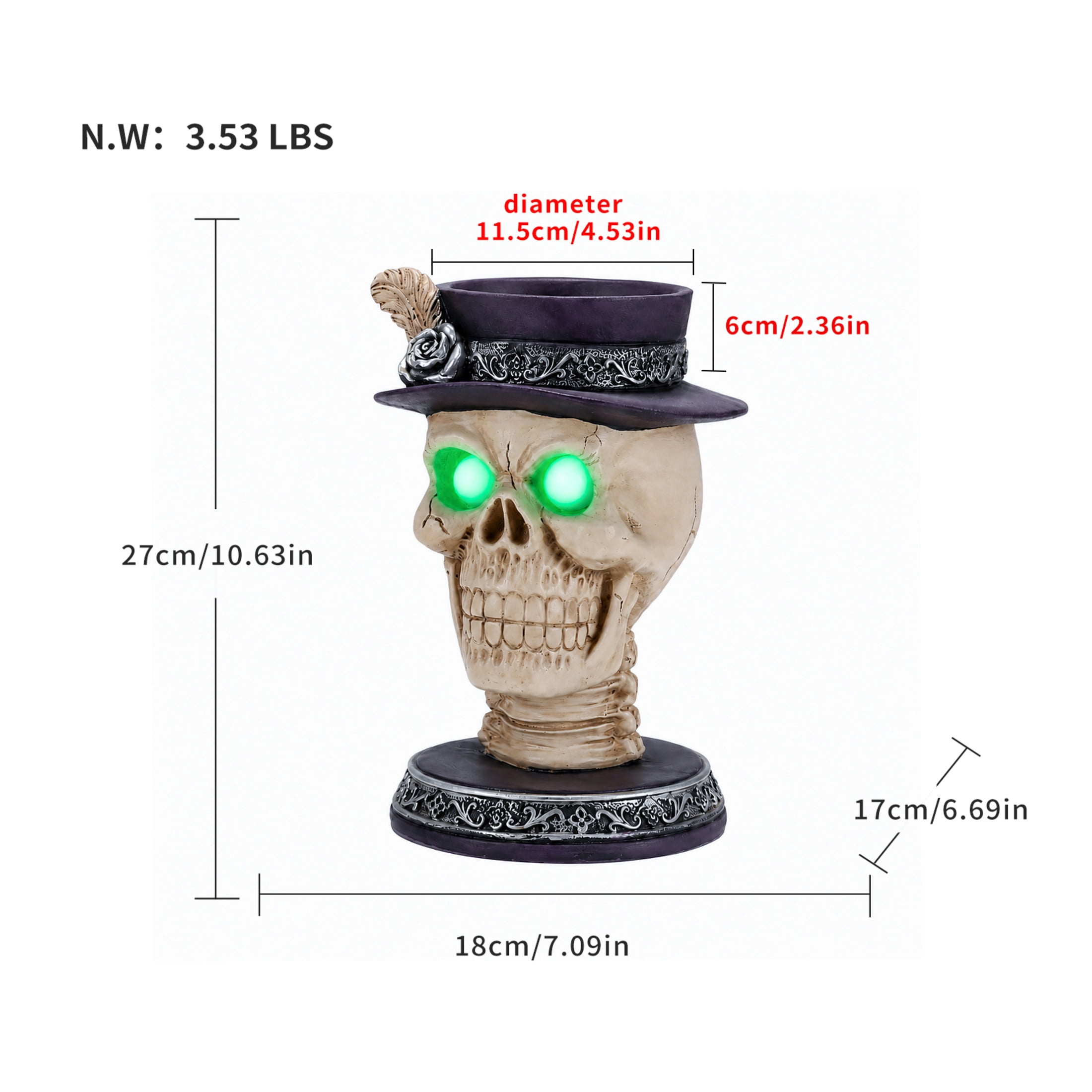 Noble House Gothic Skull Pillar Candle Holder with LED Light Eyes & Rose Top Hat, Spooky Tabletop Decor, Black White