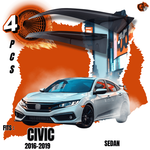 Fits 2016-2019 Honda Civic | Out-Channel Auto-Visor Side Window Rain Deflectors | Tinted Black