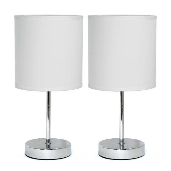 Simple Designs 11.81" 2-Pack Basic Chrome Mini Table Lamp Set with Fabric Shades, White