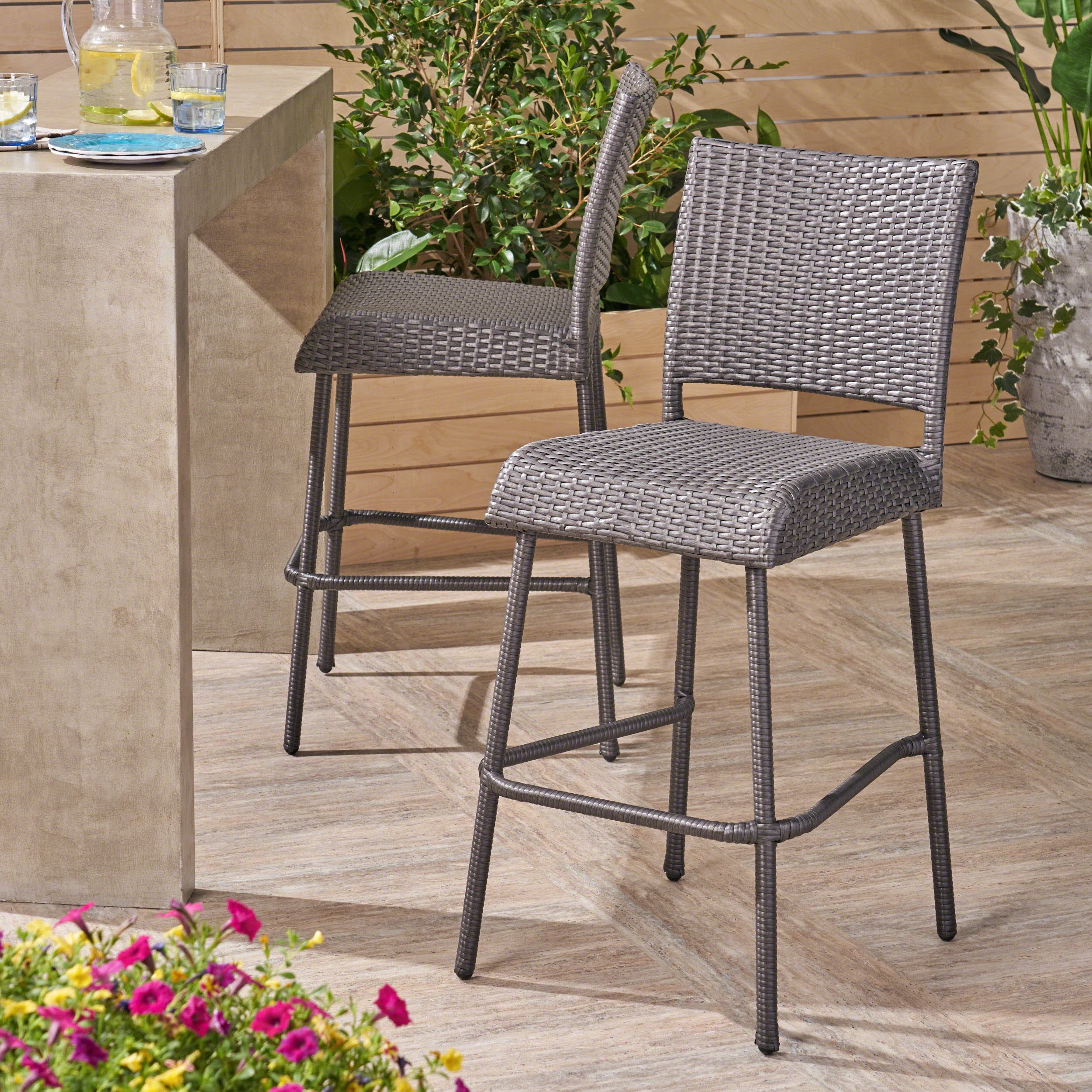 Armless Barstools 29 Inch Set of 2, Outdoor PE Rattan Stools for Patio Bar, Grey