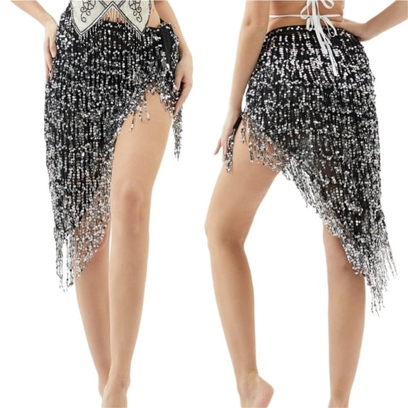 Sequins Oriental Dancing Belly Hip Scarf Women for Weddings Jazz Mesh Dance Clothes Latin Tassel