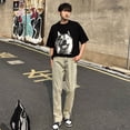 thumbnail image 4 of Fashion men's summer American retro washed jeans with buckle design high street distressed yellow mud straight leg pants, 4 of 19