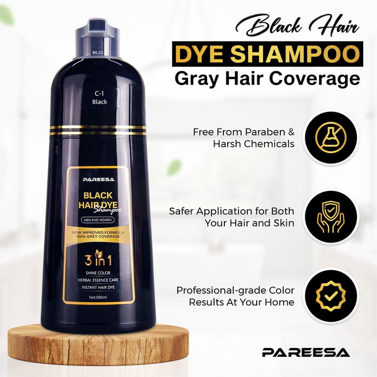 PAREESA Black Hair Dye Shampoo, 3 in 1 Gray Coverage, Safe Formula