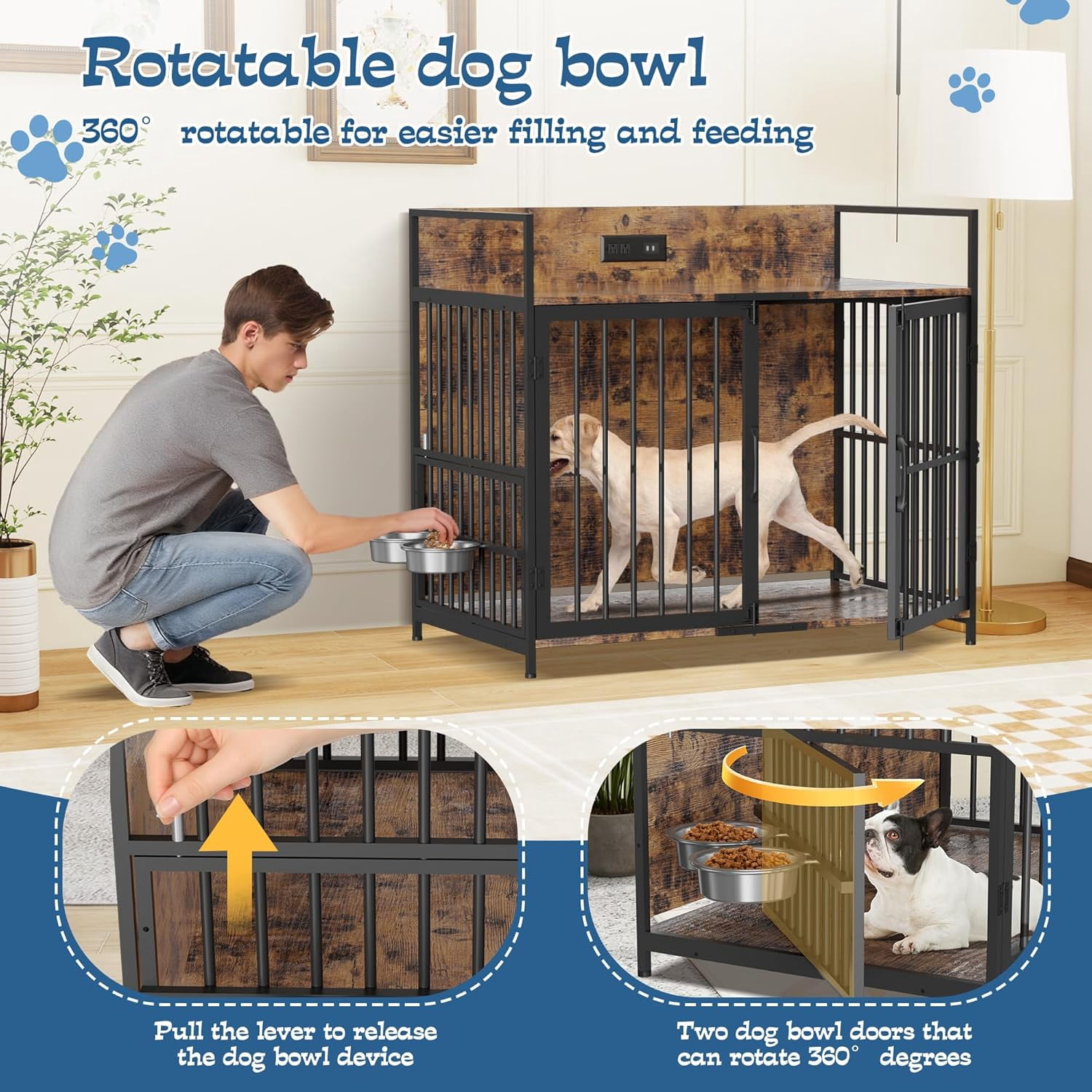 Magic Union 41" Large Dog Crate Furniture, Indoor Dog Kennel with USB Charging Station, Wooden Dogs Crate with 360° Rotating Feeder Bowls and 3 Doors, Medium Dogs Cage for Small/Medium Dogs