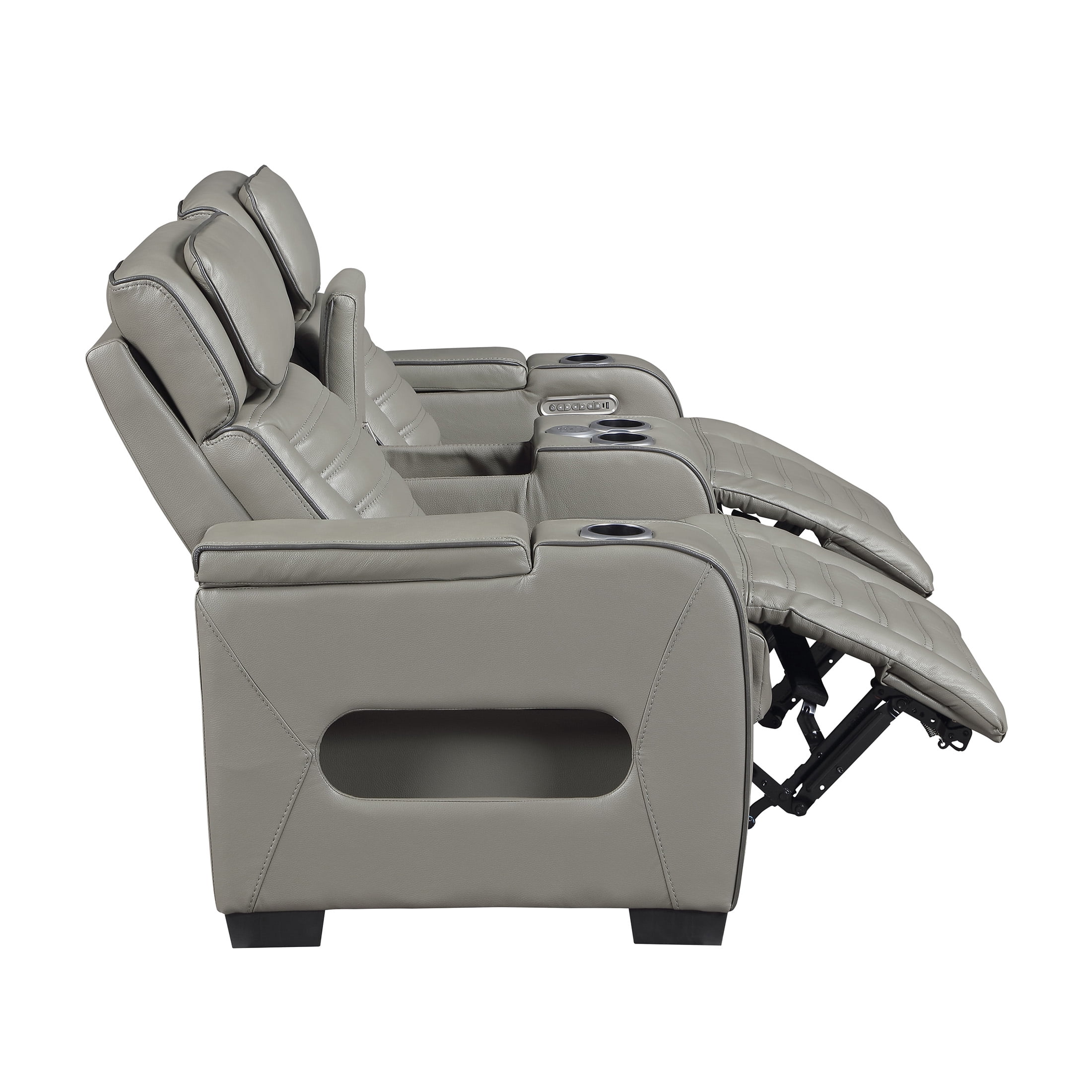 OakvillePark Elantra Leather Match Power Double Reclining Love Seat with Center Console/Power Headrests/Storage Arms/Cup Holders/Wireless speakers/Air Massage/Heat/LED Lighting/Charging Ports, Gray