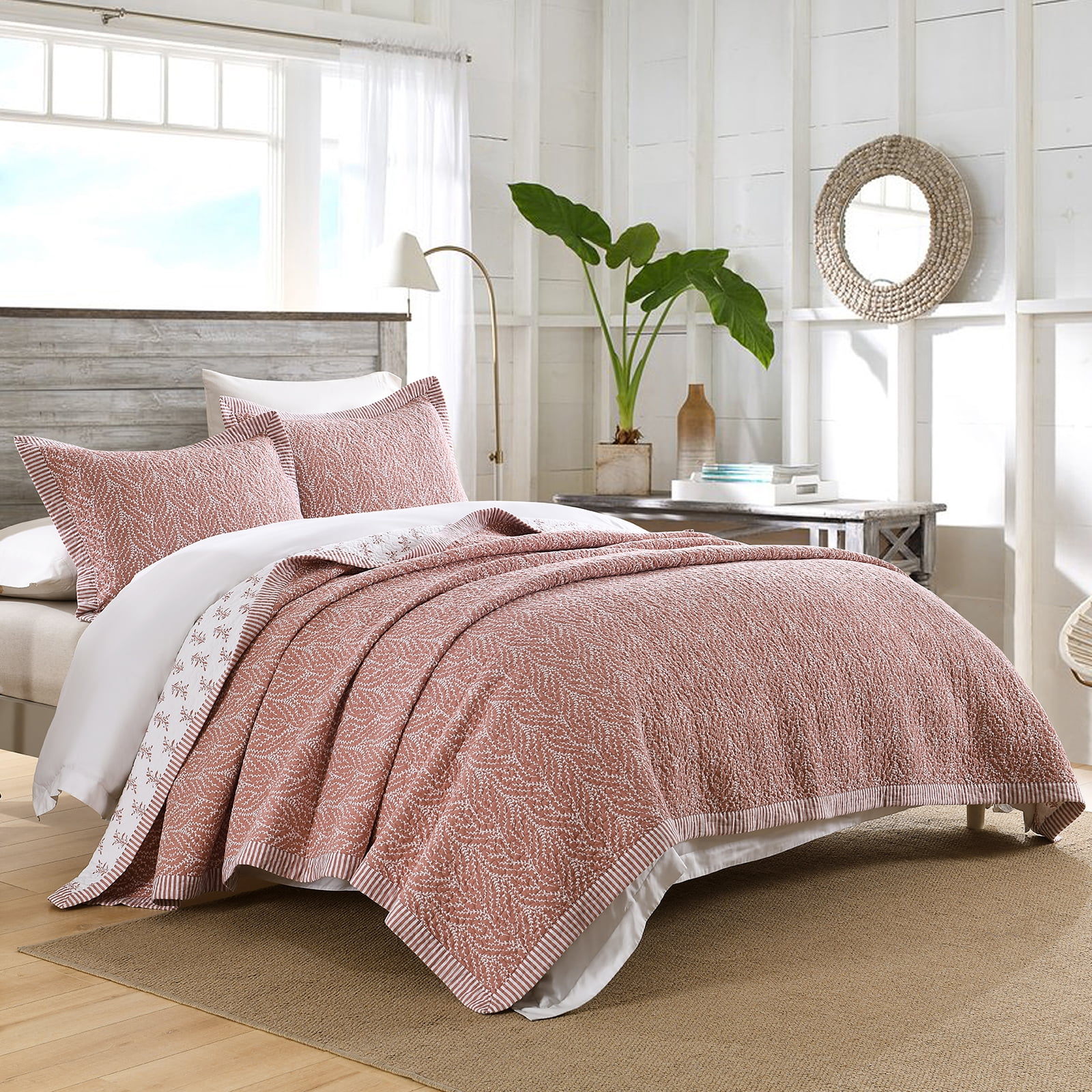 PANGUSHAN 100% Cotton Queen Quilt Set, Farmhouse Queen Size Quilt Bedding Set Bedspreads, Reversible Botanical Patterns Quilted Lightweight Comforter, Vintage Rose/White Bed Spread for Queen Bed