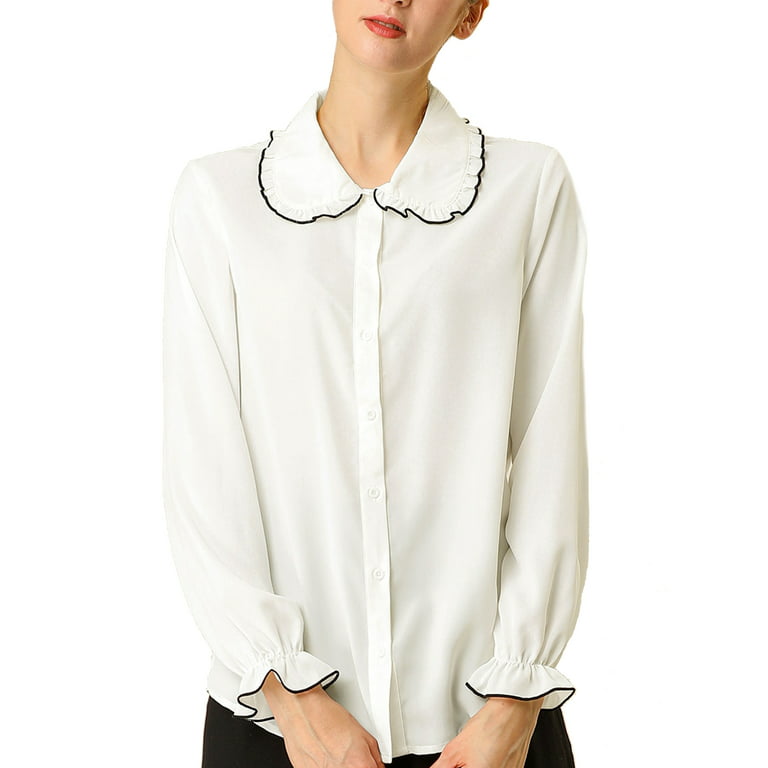 Unique Bargains Women's Peter Pan Collar Ruffle Long Sleeve Shirt
