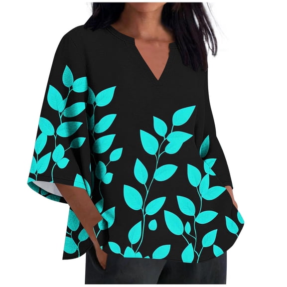 Ruimatai Women's Casual Printed V-Neck Three-Quarter Sleeve Blouse Soft Comfortable Linen-Look Tunic Top for Everyday Wear