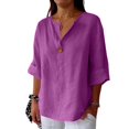 thumbnail image 2 of Womens Cotton Linen Button Down Shirts Casual Summer V Neck 3/4 Sleeve Solid Color Loose Fit Tunic Tops Vacation Tee Purple 4XL, 2 of 5