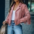thumbnail image 5 of utcoco Women's Fashion Notched Collar Open-Front Fringed Performance Moto Faux Suede Leather Crop Jacket Coat, 5 of 6