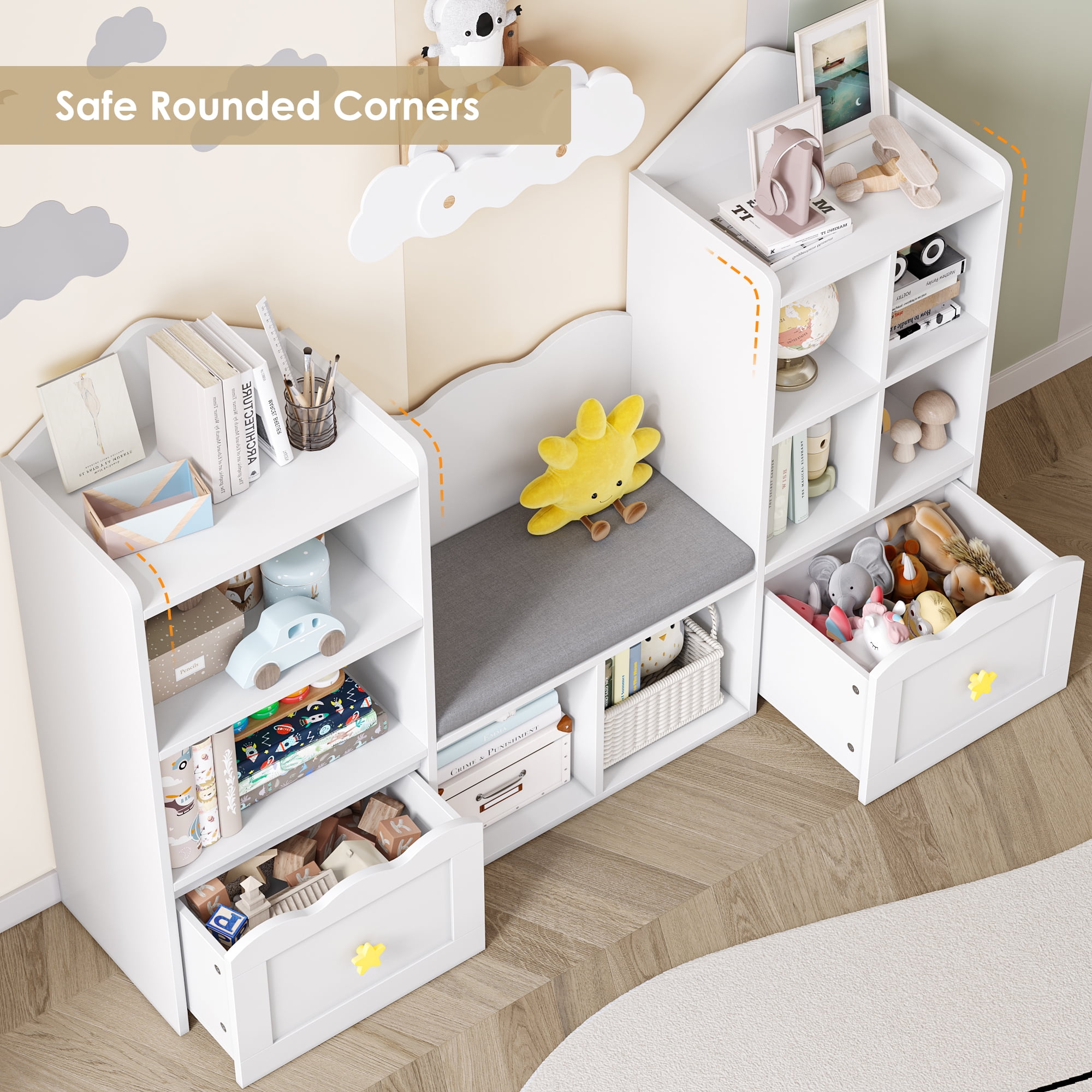 Homfa Kids Bookshelf with Reading Nook, Kids Storage Cabinet with 8 Cubby, 2 Wood Toy Bin for Nursery Kids Room, White