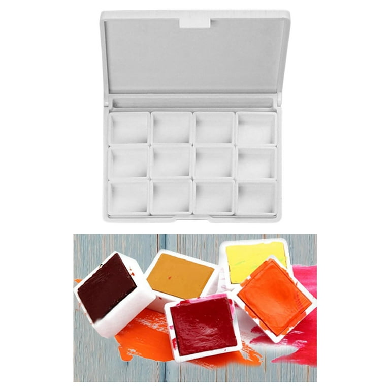 Watercolor Paint and Half Pans Set, Colorful Watercolor Box Metal Paint Case with Lid Empty Watercolor Pans 12 Grids, White