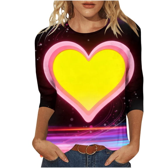 BLVB Womens 3/4 Sleeve Crew Neck T-Shirts Valentina's Day Spring Shirts Love Heart Printed Graphic Tees Tops Gifts