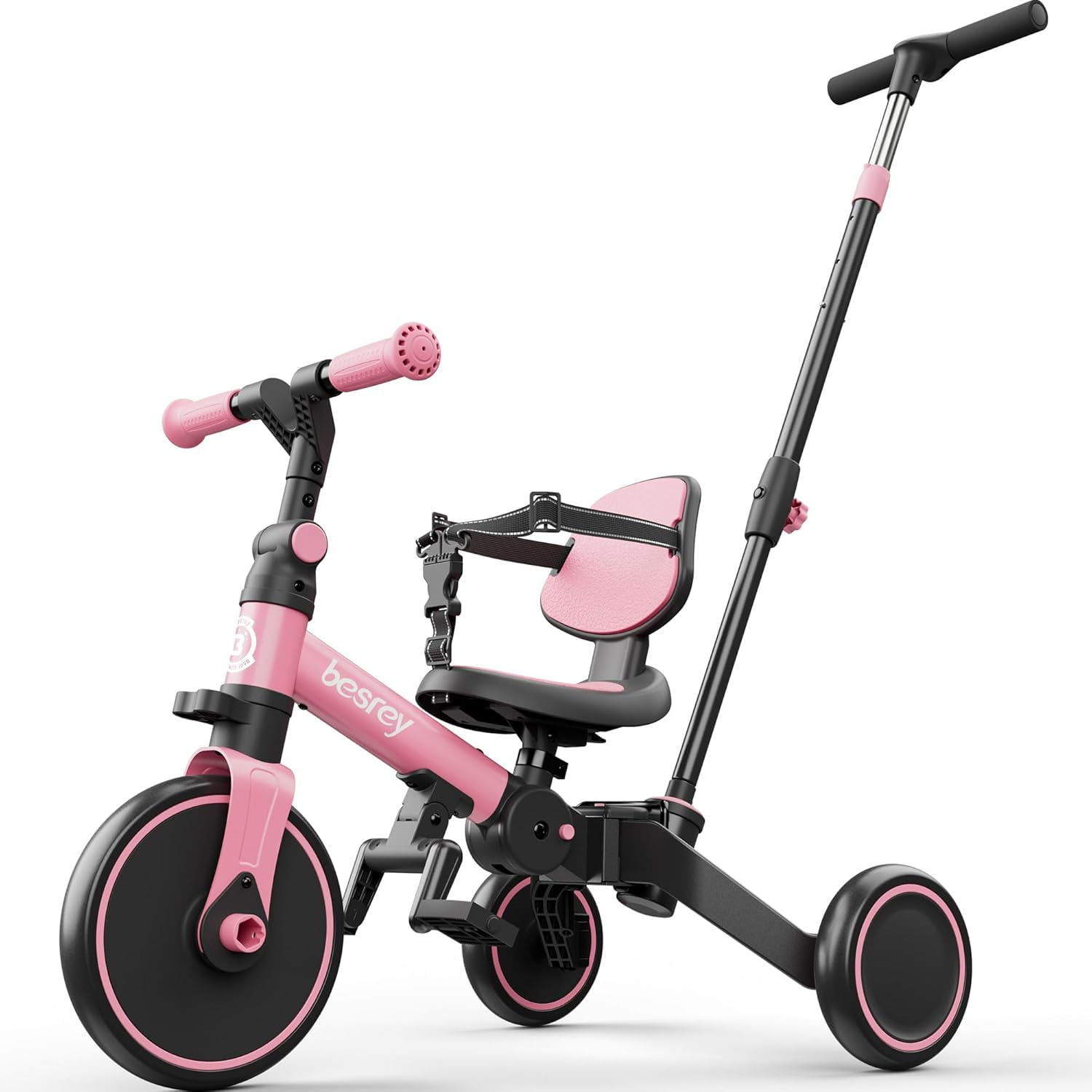 Besrey Toddler Tricycle for Ages 1-3 Years,Kids Trike with Push Handle for Boys and Grils,Child Bikes with Backrest and Safety Belt,Pink