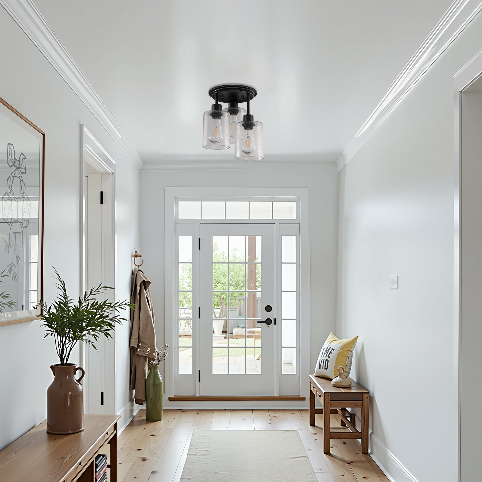 FRIDEKO HOME Semi Flush Mount Ceiling Light, 3-Light, E26 Base, Modern Black Finish Ceiling Light Fixtures with Seeded Glass Shades for Kitchen, Bedroom, Entryway, Hallway (Without Bulb)