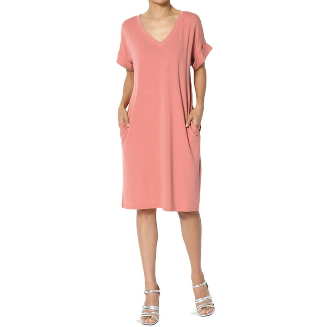 TheMogan Robe T-Shirt à Manches Courtes Col en V avec Poche pour Femmes Grande Taille
