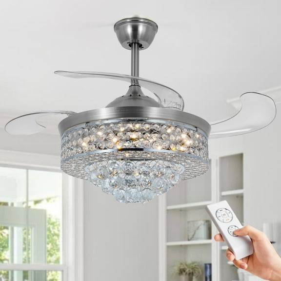 42 Inch Crystal Fan Chandelier with Retractable Blades - Silver Ceiling Fan Light, 5000 CFM Quiet Motor, 3-Color LED & Remote Control, Adjustable Downrod for Living Room/Dining Room