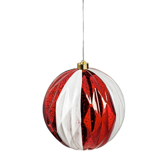 8" Shatterproof Outdoor Safe Battery Operated LED Ornament, Red and White Faceted Orb
